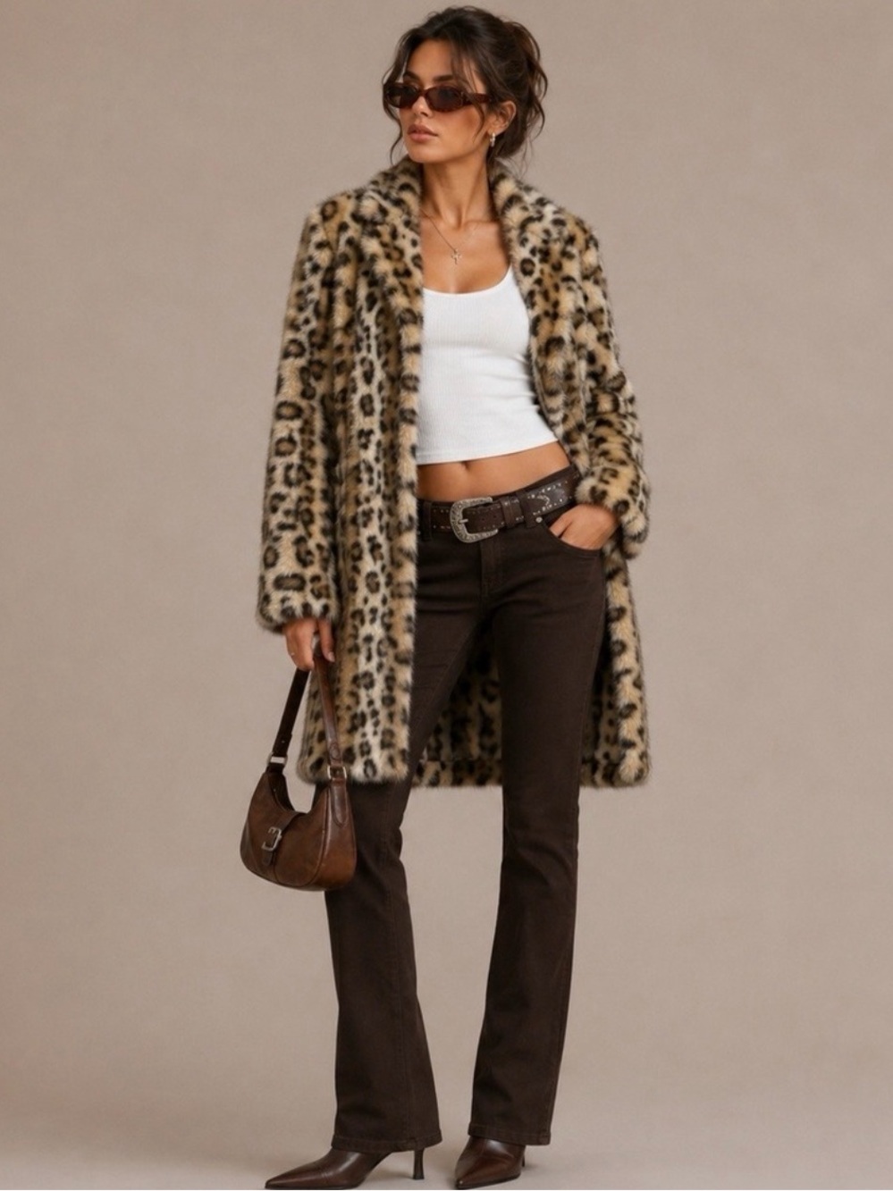 Fabulous Furs Leopard-Print Faux Fur Peacoat in Beige, Black and Brown